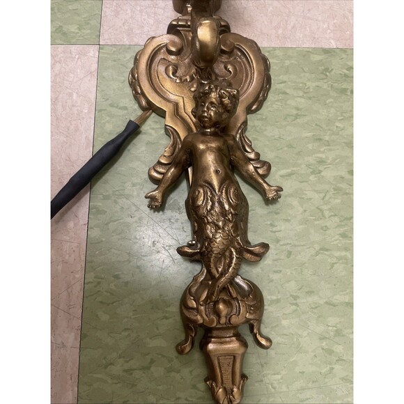 Vintage Heavy Bronze Cherub Angel Wall Sconce Light Hollywood Regency Lamp - Picture 1 of 14